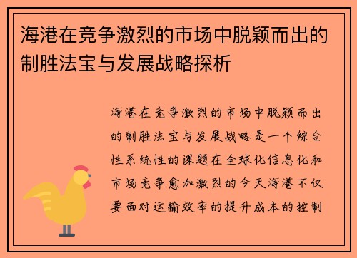 海港在竞争激烈的市场中脱颖而出的制胜法宝与发展战略探析