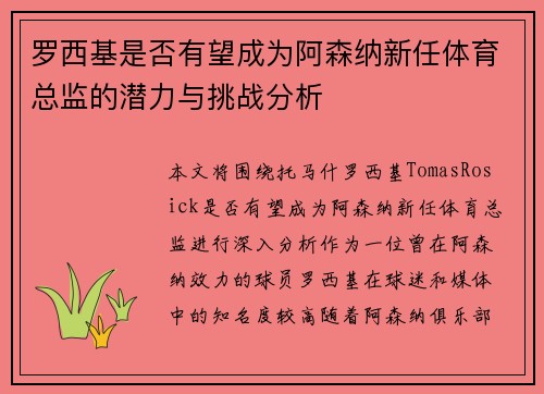 罗西基是否有望成为阿森纳新任体育总监的潜力与挑战分析
